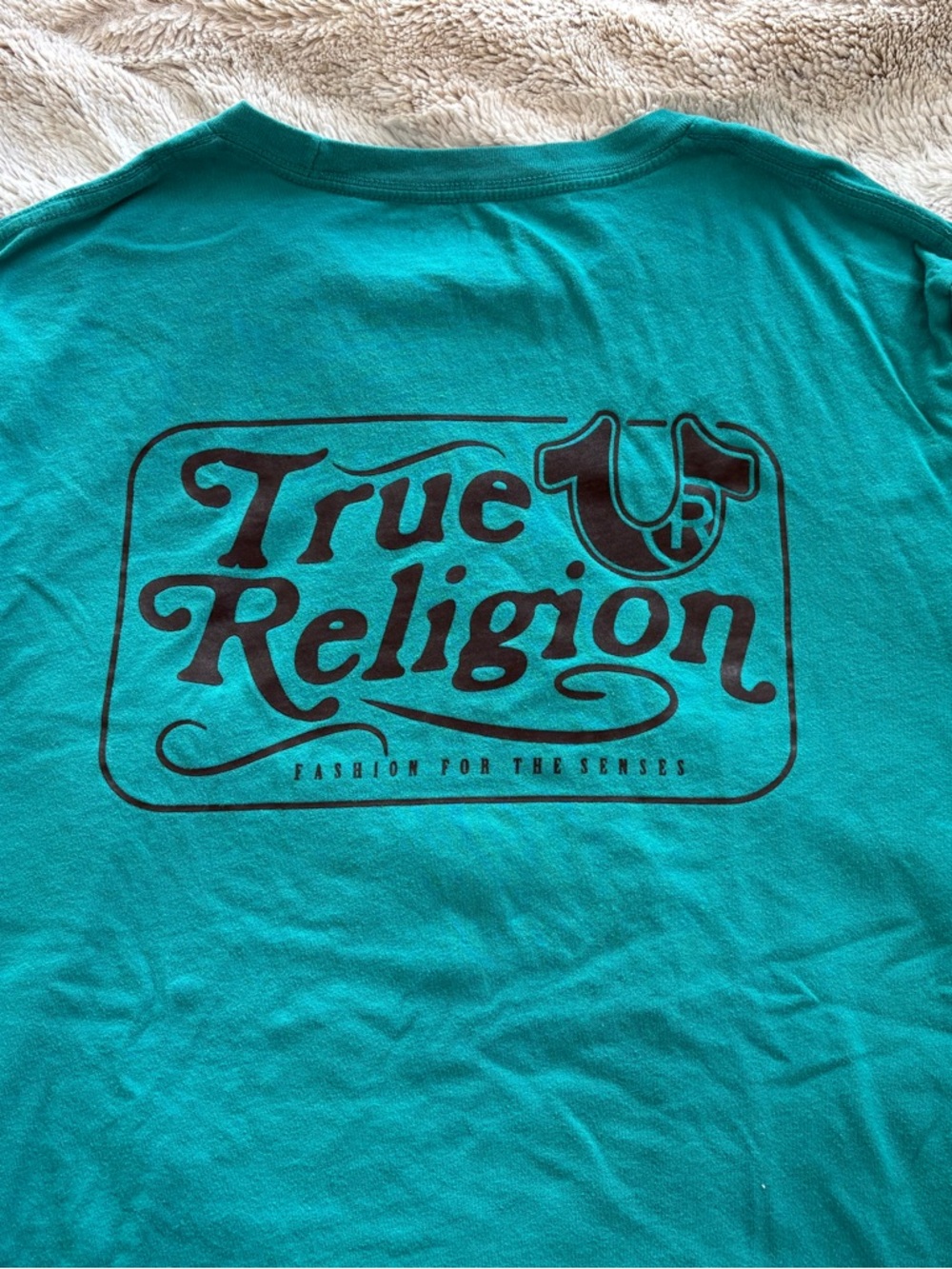 True Religion Teal Crewneck Short Sleeve Shirt with Black Logo Print Size Large - Picture 2 of 3